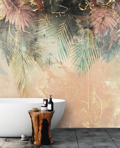 mural de parede personalizado rosa e verde chamado Distressed Jungle Leaves II de Rafal Kulik