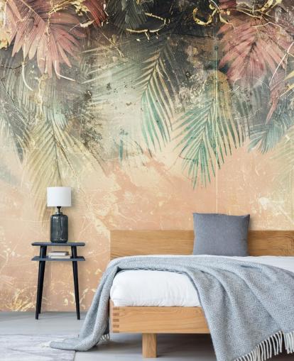 rosa og grønt tilpasset veggmaleri kalt Distressed Jungle Leaves II av Rafal Kulik