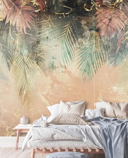 rosafarbenes und grünes individuelles Wandbild namens Distressed Jungle Leaves II von Rafal Kulik rosafarbenes und grünes individuelles Wandbild namens Distressed Jungle Leaves II von Rafal Kulik