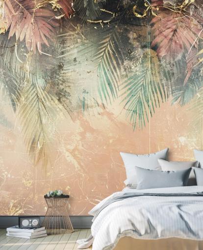 mural de parede personalizado rosa e verde chamado Distressed Jungle Leaves II de Rafal Kulik mural de parede personalizado rosa e verde chamado Distressed Jungle Leaves II de Rafal Kulik