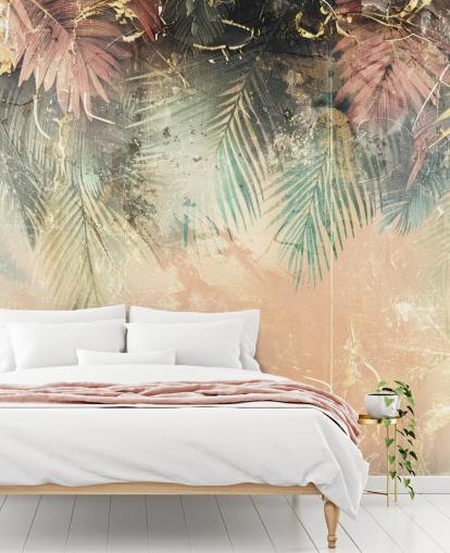 mural de parede personalizado rosa e verde chamado Distressed Jungle Leaves II de Rafal Kulik