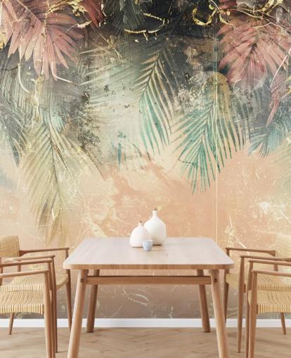 roze en groene muurschildering op maat genaamd Distressed Jungle Leaves II van Rafal Kulik roze en groene muurschildering op maat genaamd Distressed Jungle Leaves II van Rafal Kulik