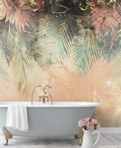 rosafarbenes und grünes individuelles Wandbild namens Distressed Jungle Leaves II von Rafal Kulik