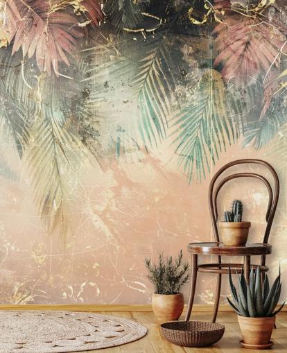 rosa och grön anpassad väggmålning som heter Distressed Jungle Leaves II av Rafal Kulik rosa och grön anpassad väggmålning som heter Distressed Jungle Leaves II av Rafal Kulik