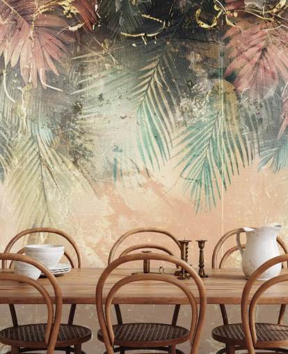pink and green custom wall mural called Distressed Jungle Leaves II by Rafal Kulik