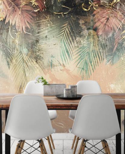 mural de parede personalizado rosa e verde chamado Distressed Jungle Leaves II de Rafal Kulik