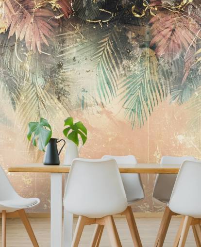 rosa och grön anpassad väggmålning som heter Distressed Jungle Leaves II av Rafal Kulik