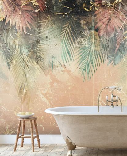 pink and green custom wall mural called Distressed Jungle Leaves II by Rafal Kulik