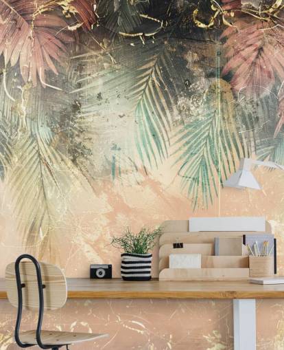 pink and green custom wall mural called Distressed Jungle Leaves II by Rafal Kulik