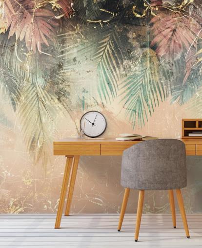 mural de pared personalizado rosa y verde llamado Distressed Jungle Leaves II de Rafal Kulik