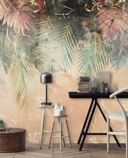 roze en groene muurschildering op maat genaamd Distressed Jungle Leaves II van Rafal Kulik roze en groene muurschildering op maat genaamd Distressed Jungle Leaves II van Rafal Kulik