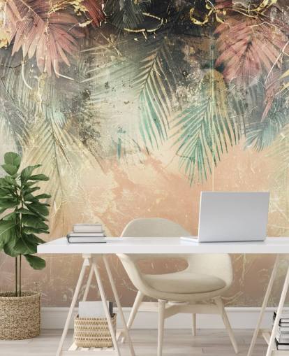 rosa och grön anpassad väggmålning som heter Distressed Jungle Leaves II av Rafal Kulik