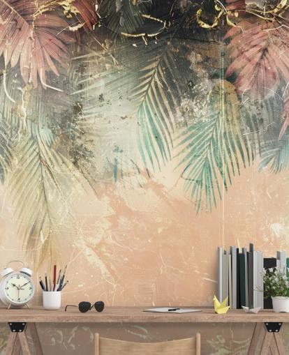 mural de pared personalizado rosa y verde llamado Distressed Jungle Leaves II de Rafal Kulik