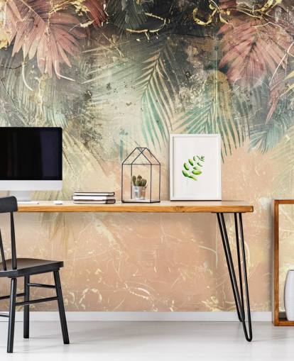 mural de parede personalizado rosa e verde chamado Distressed Jungle Leaves II de Rafal Kulik