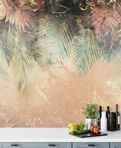 mural de pared personalizado rosa y verde llamado Distressed Jungle Leaves II de Rafal Kulik