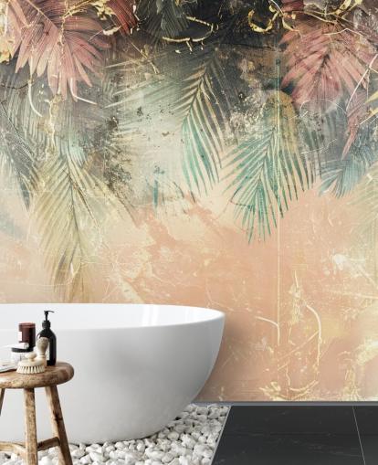 lyserødt og grønt brugerdefineret vægmaleri kaldet Distressed Jungle Leaves II af Rafal Kulik lyserødt og grønt brugerdefineret vægmaleri kaldet Distressed Jungle Leaves II af Rafal Kulik