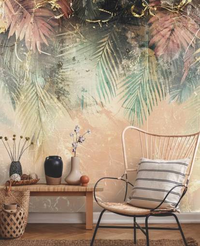 rosa och grön anpassad väggmålning som heter Distressed Jungle Leaves II av Rafal Kulik rosa och grön anpassad väggmålning som heter Distressed Jungle Leaves II av Rafal Kulik