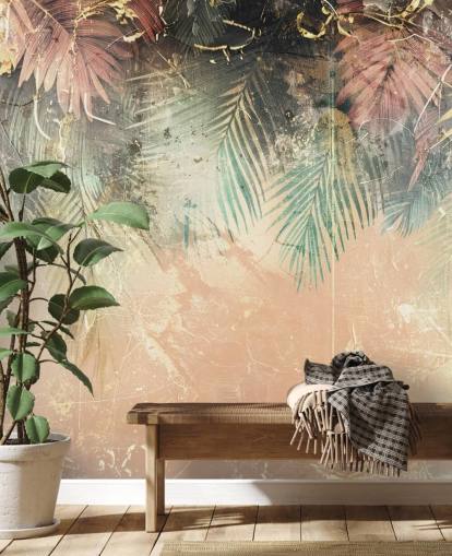 pink and green custom wall mural called Distressed Jungle Leaves II by Rafal Kulik pink and green custom wall mural called Distressed Jungle Leaves II by Rafal Kulik