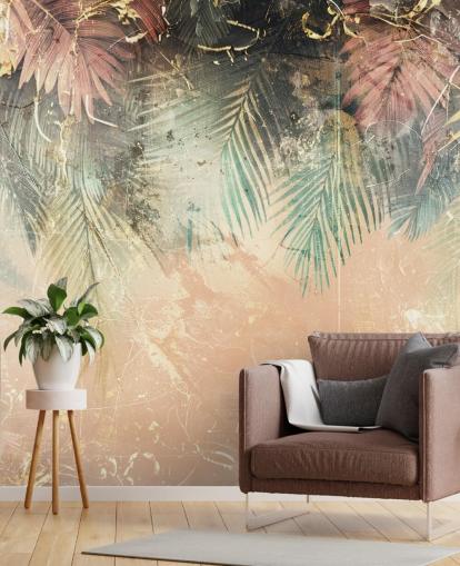 rosa og grønt tilpasset veggmaleri kalt Distressed Jungle Leaves II av Rafal Kulik rosa og grønt tilpasset veggmaleri kalt Distressed Jungle Leaves II av Rafal Kulik