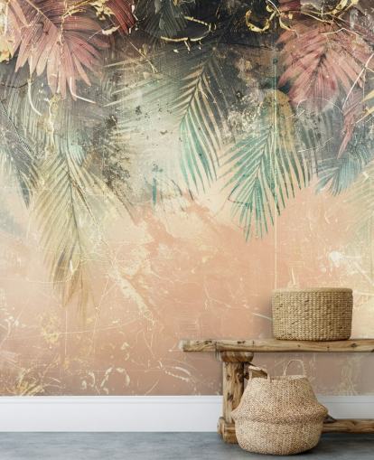 pink and green custom wall mural called Distressed Jungle Leaves II by Rafal Kulik