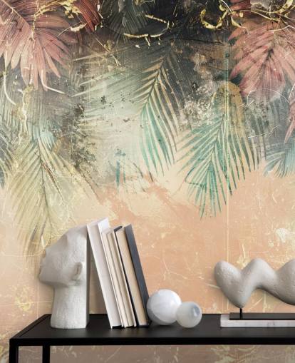 vaaleanpunainen ja vihreä mukautettu seinämaalaus nimeltä Distressed Jungle Leaves II, kirjoittanut Rafal Kulik vaaleanpunainen ja vihreä mukautettu seinämaalaus nimeltä Distressed Jungle Leaves II, kirjoittanut Rafal Kulik