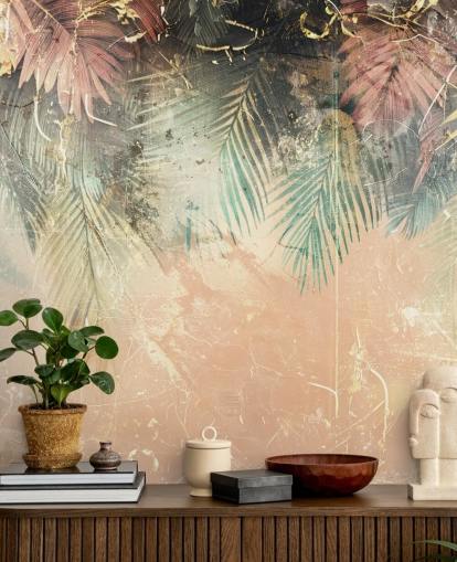 pink and green custom wall mural called Distressed Jungle Leaves II by Rafal Kulik