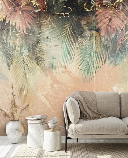 pink and green custom wall mural called Distressed Jungle Leaves II by Rafal Kulik