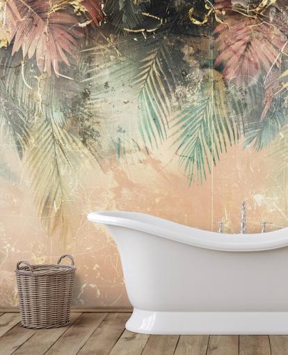 vaaleanpunainen ja vihreä mukautettu seinämaalaus nimeltä Distressed Jungle Leaves II, kirjoittanut Rafal Kulik vaaleanpunainen ja vihreä mukautettu seinämaalaus nimeltä Distressed Jungle Leaves II, kirjoittanut Rafal Kulik