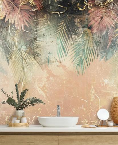 rosa og grønt tilpasset veggmaleri kalt Distressed Jungle Leaves II av Rafal Kulik