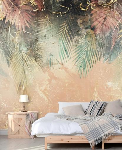 vaaleanpunainen ja vihreä mukautettu seinämaalaus nimeltä Distressed Jungle Leaves II, kirjoittanut Rafal Kulik vaaleanpunainen ja vihreä mukautettu seinämaalaus nimeltä Distressed Jungle Leaves II, kirjoittanut Rafal Kulik