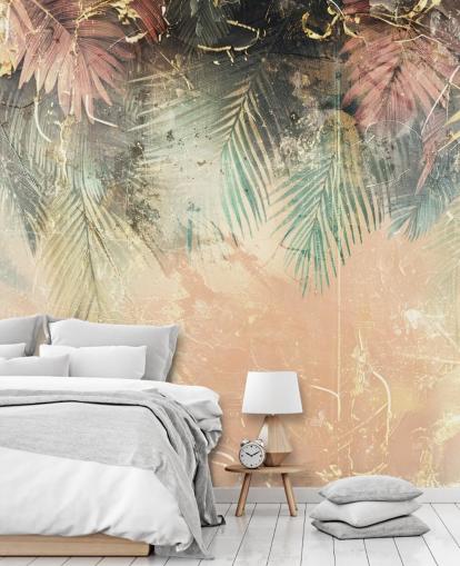 lyserødt og grønt brugerdefineret vægmaleri kaldet Distressed Jungle Leaves II af Rafal Kulik lyserødt og grønt brugerdefineret vægmaleri kaldet Distressed Jungle Leaves II af Rafal Kulik