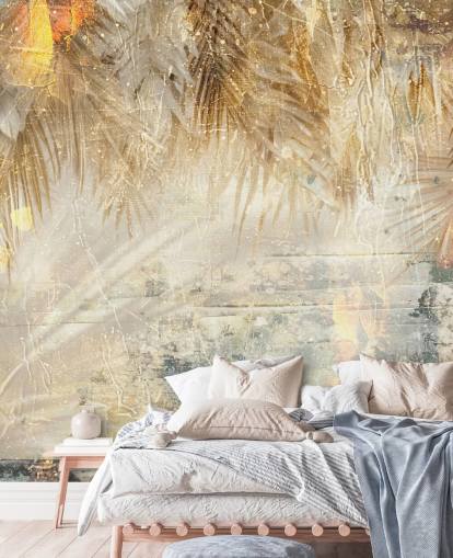mural de pared vintage personalizado de la jungla de color naranja y beige llamado Distressed Jungle Leaves III de Rafal Kulik