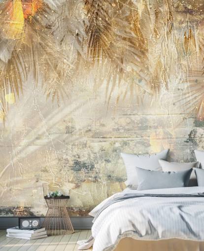 maßgefertigtes Vintage-Dschungel-Wandbild in Orange und Beige namens Distressed Jungle Leaves III von Rafal Kulik