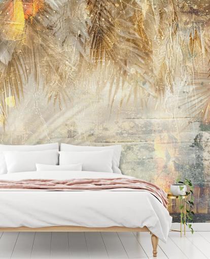 mural de parede vintage personalizado em laranja e bege chamado Distressed Jungle Leaves III de Rafal Kulik