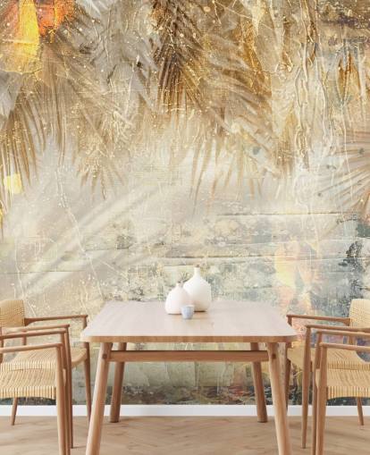 oranje en beige op maat gemaakte vintage jungle muurschildering genaamd Distressed Jungle Leaves III van Rafal Kulik