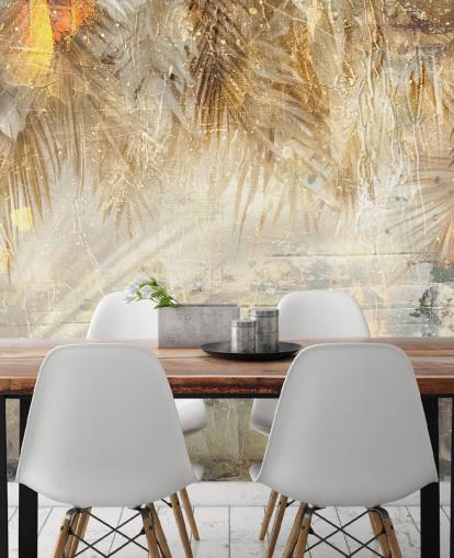 oranje en beige op maat gemaakte vintage jungle muurschildering genaamd Distressed Jungle Leaves III van Rafal Kulik oranje en beige op maat gemaakte vintage jungle muurschildering genaamd Distressed Jungle Leaves III van Rafal Kulik