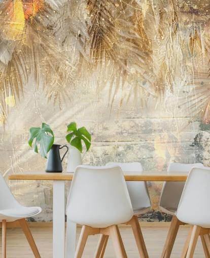 murale da parete vintage personalizzato arancione e beige chiamato Distressed Jungle Leaves III di Rafal Kulik