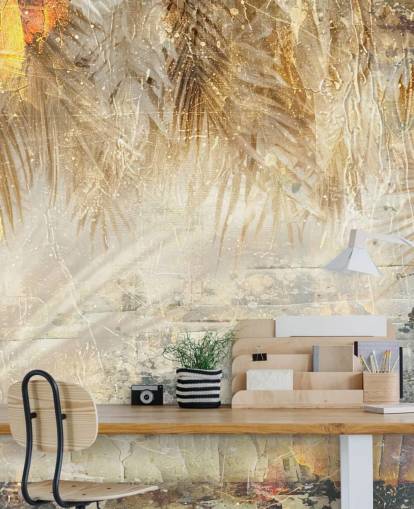 fresque murale vintage personnalisée orange et beige appelée Distressed Jungle Leaves III par Rafal Kulik