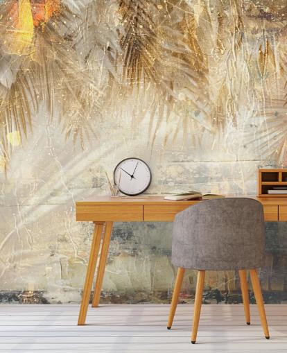 maßgefertigtes Vintage-Dschungel-Wandbild in Orange und Beige namens Distressed Jungle Leaves III von Rafal Kulik