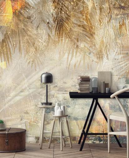 maßgefertigtes Vintage-Dschungel-Wandbild in Orange und Beige namens Distressed Jungle Leaves III von Rafal Kulik