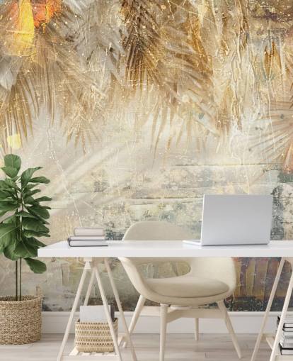 mural de pared vintage personalizado de la jungla de color naranja y beige llamado Distressed Jungle Leaves III de Rafal Kulik
