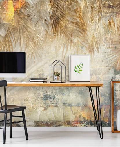 orange and beige custom vintage jungle wall mural called Distressed Jungle Leaves III by Rafal Kulik orange and beige custom vintage jungle wall mural called Distressed Jungle Leaves III by Rafal Kulik