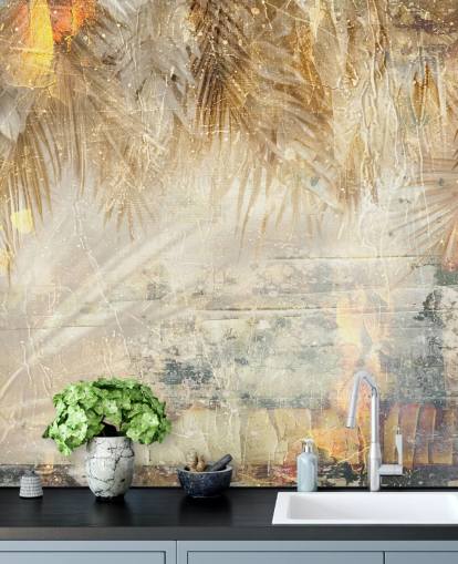 oranje en beige op maat gemaakte vintage jungle muurschildering genaamd Distressed Jungle Leaves III van Rafal Kulik