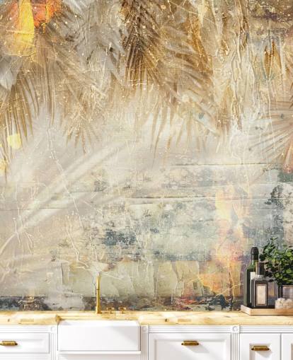 mural de pared vintage personalizado de la jungla de color naranja y beige llamado Distressed Jungle Leaves III de Rafal Kulik