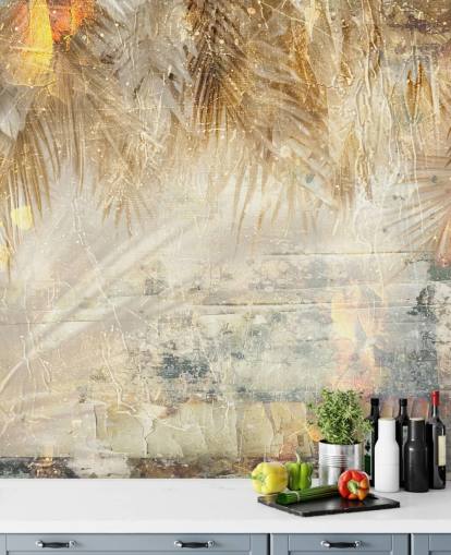 oransje og beige tilpasset vintage jungel veggmaleri kalt Distressed Jungle Leaves III av Rafal Kulik oransje og beige tilpasset vintage jungel veggmaleri kalt Distressed Jungle Leaves III av Rafal Kulik