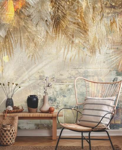 orange and beige custom vintage jungle wall mural called Distressed Jungle Leaves III by Rafal Kulik orange and beige custom vintage jungle wall mural called Distressed Jungle Leaves III by Rafal Kulik