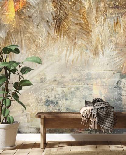 oranje en beige op maat gemaakte vintage jungle muurschildering genaamd Distressed Jungle Leaves III van Rafal Kulik oranje en beige op maat gemaakte vintage jungle muurschildering genaamd Distressed Jungle Leaves III van Rafal Kulik