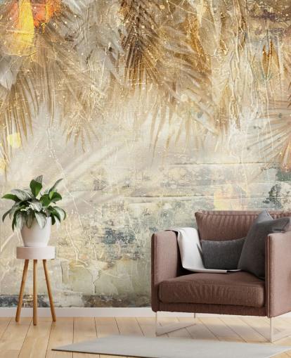 fresque murale vintage personnalisée orange et beige appelée Distressed Jungle Leaves III par Rafal Kulik
