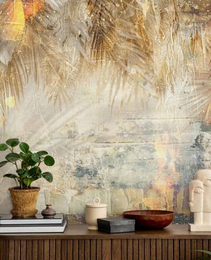 oranje en beige op maat gemaakte vintage jungle muurschildering genaamd Distressed Jungle Leaves III van Rafal Kulik oranje en beige op maat gemaakte vintage jungle muurschildering genaamd Distressed Jungle Leaves III van Rafal Kulik