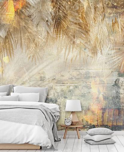 oranje en beige op maat gemaakte vintage jungle muurschildering genaamd Distressed Jungle Leaves III van Rafal Kulik oranje en beige op maat gemaakte vintage jungle muurschildering genaamd Distressed Jungle Leaves III van Rafal Kulik